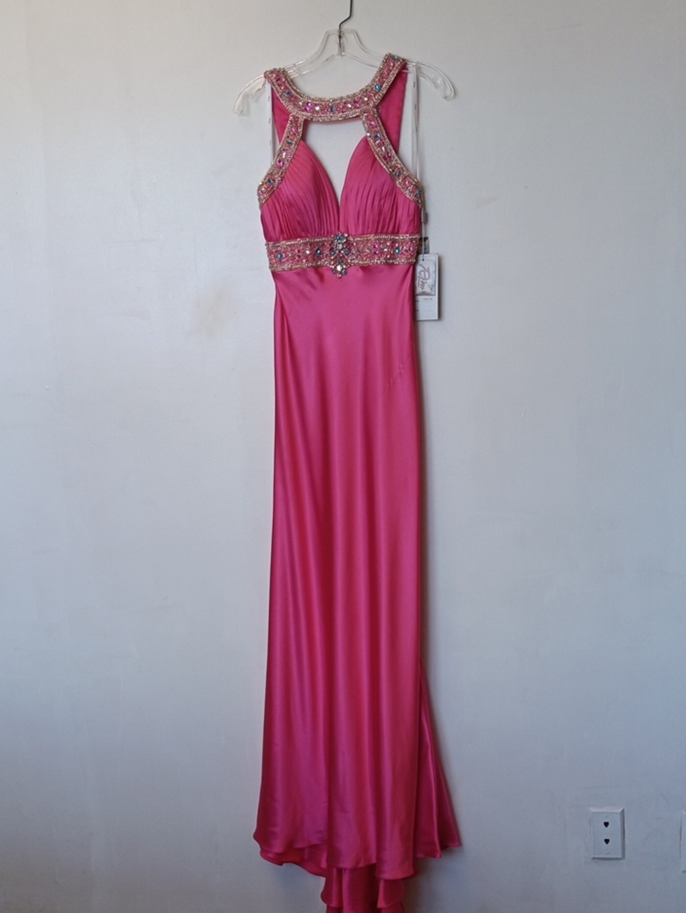 Riva Designs Hot Pink Beaded Halter Maxi Gown